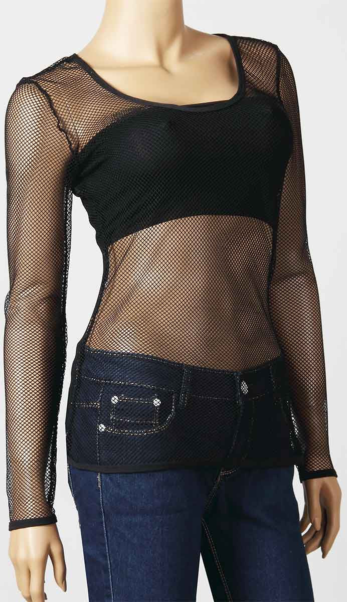 Womens Long Sleeve Mesh Top Small Hole Black Fishnet Blouse Dance Wear #61 - Fishnet-Shirts - 6