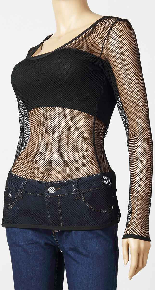 Womens Long Sleeve Mesh Top Small Hole Black Fishnet Blouse Dance Wear #61 - Fishnet-Shirts - 7