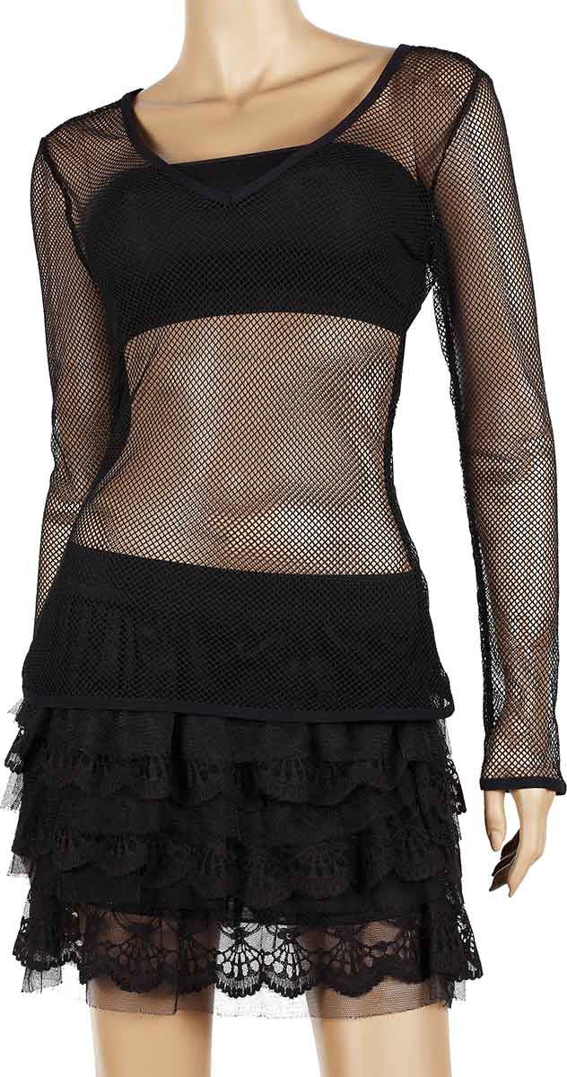Womens Mesh Top V-Neck Long Sleeve Small Hole Black Fishnet Blouse Dance Wear #9 - Fishnet-Shirts - 3