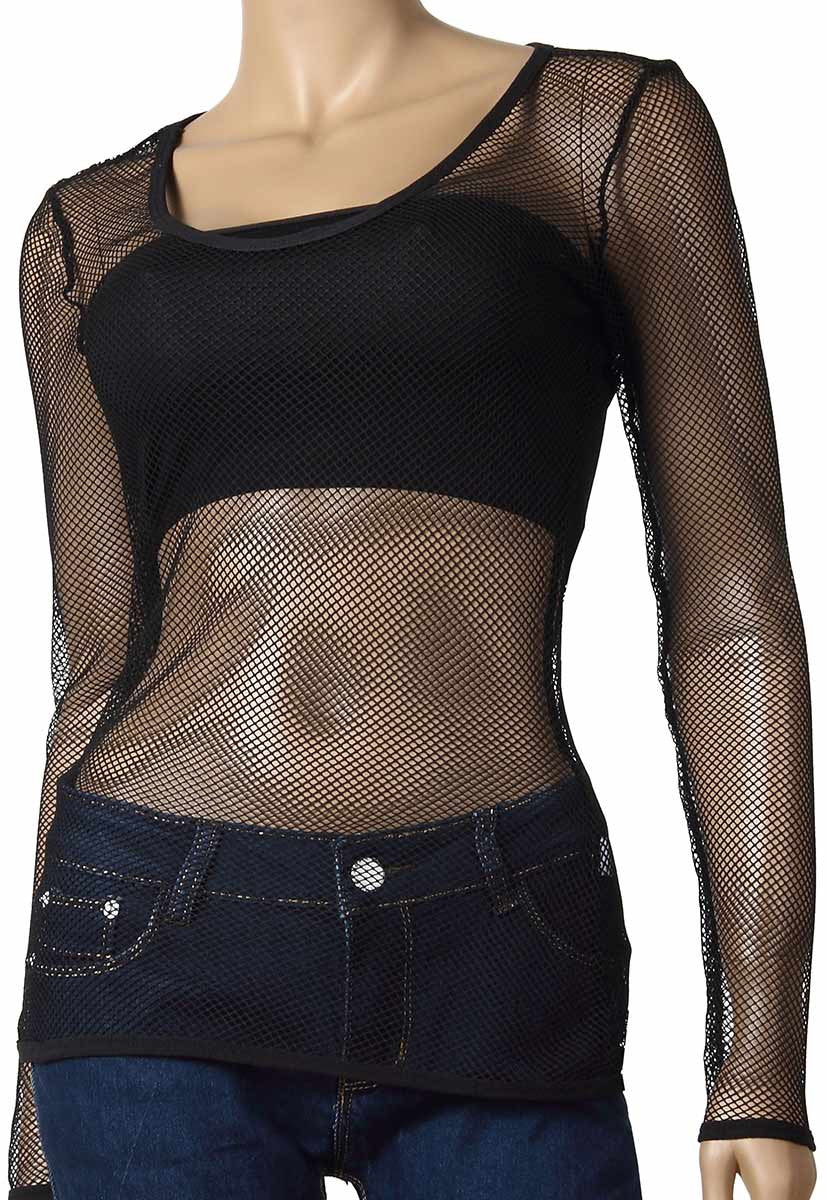 Womens Long Sleeve Mesh Top Small Hole Black Fishnet Blouse Dance Wear #61 - Fishnet-Shirts - 1