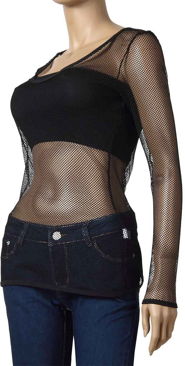 Womens Long Sleeve Mesh Top Small Hole Black Fishnet Blouse Dance Wear #61 - Fishnet-Shirts - 3