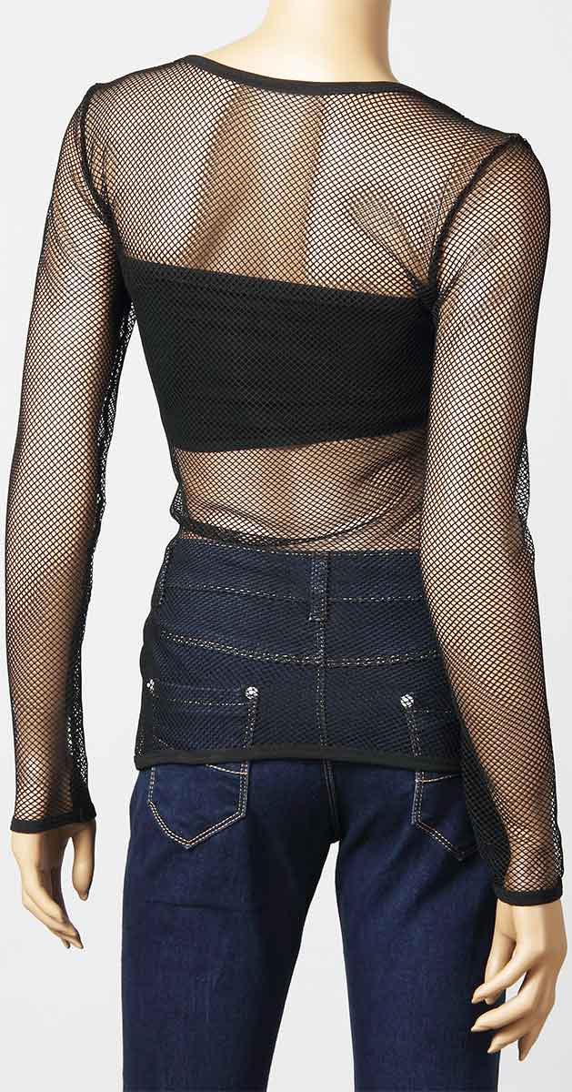 Womens Long Sleeve Mesh Top Small Hole Black Fishnet Blouse Dance Wear #61 - Fishnet-Shirts - 8