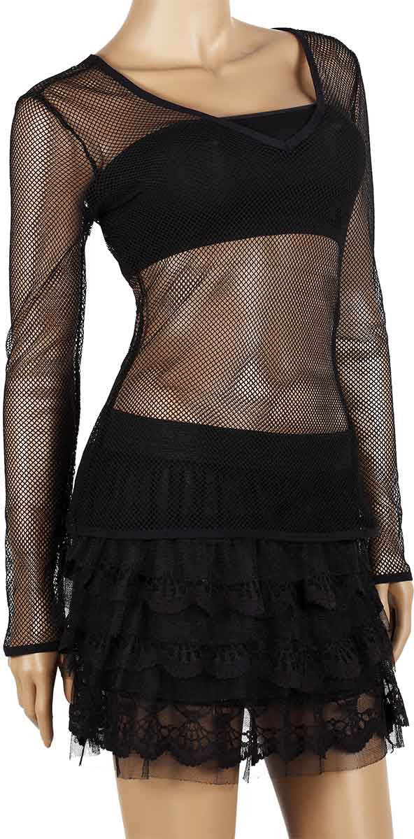 Womens Mesh Top V-Neck Long Sleeve Small Hole Black Fishnet Blouse Dance Wear #9 - Fishnet-Shirts - 7