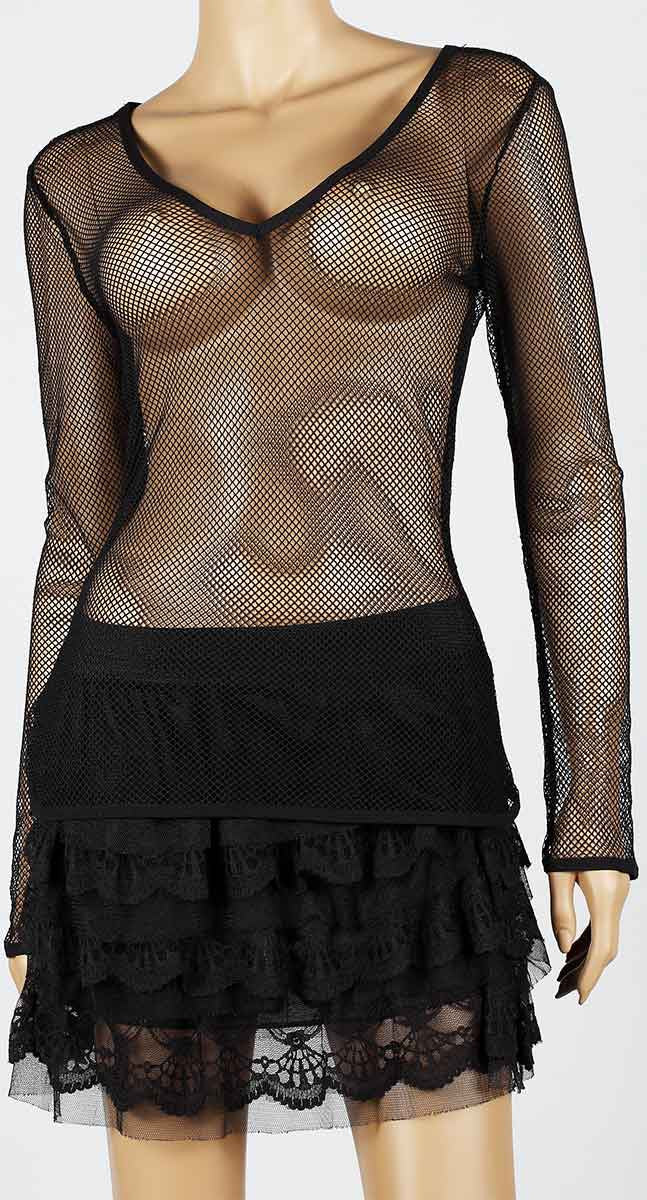 Womens Mesh Top V-Neck Long Sleeve Small Hole Black Fishnet Blouse Dance Wear #9 - Fishnet-Shirts - 2