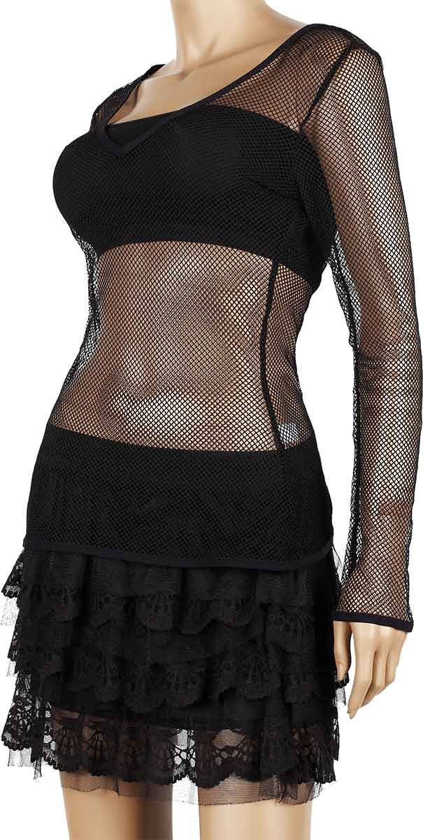 Womens Mesh Top V-Neck Long Sleeve Small Hole Black Fishnet Blouse Dance Wear #9 - Fishnet-Shirts - 4