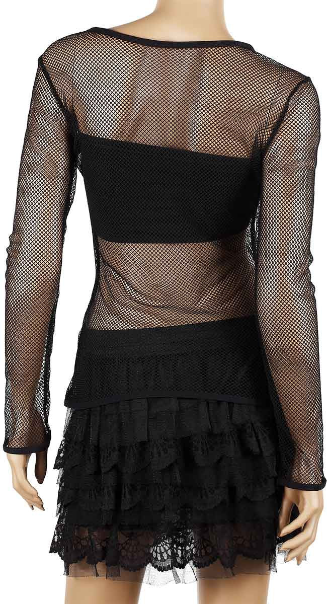 Womens Mesh Top V-Neck Long Sleeve Small Hole Black Fishnet Blouse Dance Wear #9 - Fishnet-Shirts - 5