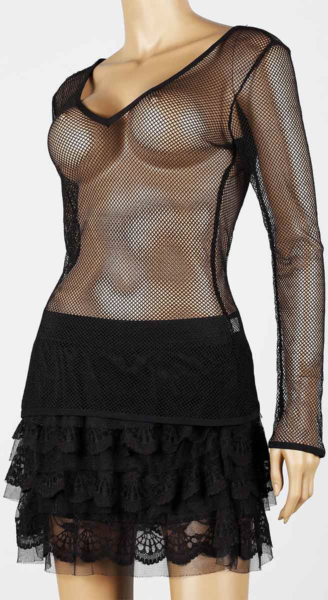 Womens Mesh Top V-Neck Long Sleeve Small Hole Black Fishnet Blouse Dance Wear #9 - Fishnet-Shirts - 6